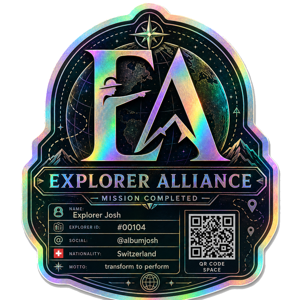 Example Explorer ID sticker: holographic Explorer Alliance badge with explorer name, ID number, nationality, motto and QR code